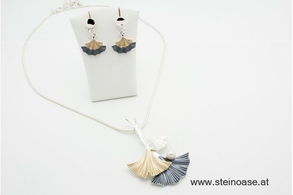 Mode-Collier 'Ginkgo silber-grau-gold'